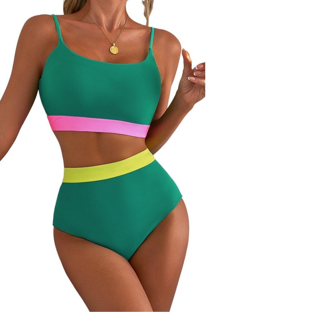 Sea Green Contrast Trim Color Block Patchwork High Waisted Bikini